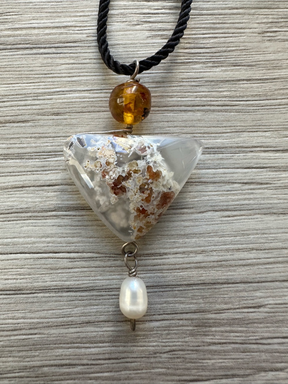 Flower Agate Triangle Pendant Necklace with Pearl & Amber Glass Bead